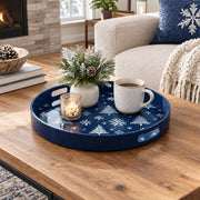 Christmas Decorative Serving Tray – Scattered Snowflake Field plastic serving tray shown in a round styled scene.