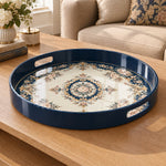 Ramadan & Eid al-Fitr Plastic Serving Tray – Navy Floral Medallion plastic serving tray shown in a round product view.