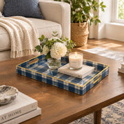 Daily Decorative Plastic Serving Tray – Navy Tartan Check full-print plastic serving tray shown in a styled room scene.