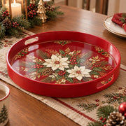 Christmas Decorative Serving Tray – Ivory Poinsettia Bloom plastic serving tray shown in a round product view.