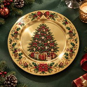 Christmas Decorative Charger Plate – Gold Holly Tree full-print plastic serving tray shown in a product view.