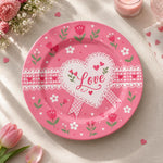 Valentine's Day Decorative Charger Plate – Lace Heart Gingham Ribbon full-print plastic serving tray shown in a product view.