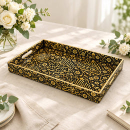 Ramadan Decorative Plastic Serving Tray – Midnight Gold Calligraphy full-print plastic serving tray shown in a product view.