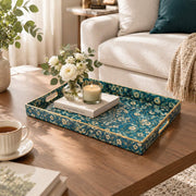 Ramadan Decorative Plastic Serving Tray – Teal Concentric Mandala full-print plastic serving tray shown in a styled room scene.