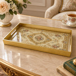Ramadan & Eid al-Fitr Plastic Serving Tray – Golden Rose Damask plastic serving tray shown in a rectangular product view.