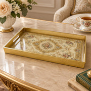 Ramadan & Eid al-Fitr Plastic Serving Tray – Golden Rose Damask plastic serving tray shown in a rectangular product view.
