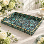 Ramadan Decorative Plastic Serving Tray – Turquoise Arabesque Rosette full-print plastic serving tray shown in a product view.