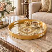 Ramadan & Eid al-Fitr Plastic Serving Tray – Golden Rose Damask plastic serving tray shown in a round styled scene.