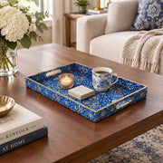 Ramadan Decorative Plastic Serving Tray – Arabesque Boteh Carpet full-print plastic serving tray shown in a styled room scene.