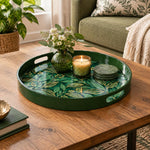 Ramadan & Eid al-Fitr Plastic Serving Tray – Gilded Leaf Trail plastic serving tray shown in a round styled scene.