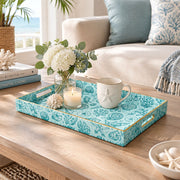 Ocean Decorative Plastic Serving Tray – Ocean Blue Shells full-print plastic serving tray shown in a styled room scene.