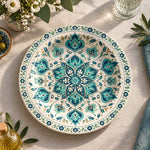 Ramadan Decorative Charger Plate – Teal Iznik Floral Medallion full-print plastic serving tray shown in a product view.