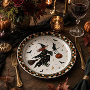 Flying Witch Pumpkin Cat Decorative Plastic Plate – Plaid Border - MintiHome