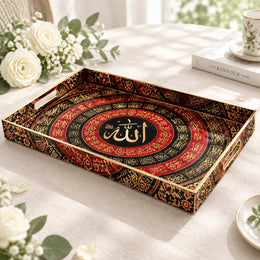 Ramadan Decorative Plastic Serving Tray – Crimson Script Mandala full-print plastic serving tray shown in a product view.