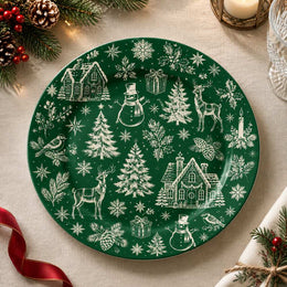 Christmas Decorative Charger Plate – Snowman Village full-print plastic serving tray shown in a product view.