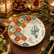 Ramadan Decorative Charger Plate – Moroccan Zellige Tile full-print plastic serving tray shown in a styled room scene.