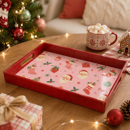 Pink Retro Santa Christmas Plastic Serving Tray with Red Frame - MintiHome
