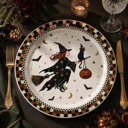 Flying Witch Pumpkin Cat Decorative Plastic Plate – Plaid Border - MintiHome