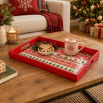 Christmas Decorative Serving Tray – Banded Reindeer Stripe plastic serving tray shown in a rectangular styled scene.