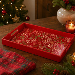 Red Christmas Serving Tray – Snowflake Holly Pinecone - MintiHome