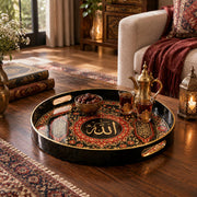 Ramadan & Eid al-Fitr Plastic Serving Tray – Domed Calligraphy Panel plastic serving tray shown in a round styled scene.