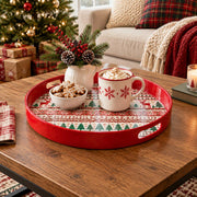 Christmas Decorative Serving Tray – Banded Reindeer Stripe plastic serving tray shown in a round styled scene.