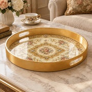 Ramadan & Eid al-Fitr Plastic Serving Tray – Golden Rose Damask plastic serving tray shown in a round product view.