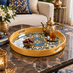 Ramadan & Eid al-Fitr Plastic Serving Tray – Nocturne Arabesque plastic serving tray shown in a round styled scene.