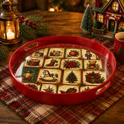 Red Christmas Patchwork Tray with Toys, Teddy Bear and Poinsettia - MintiHome