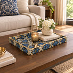 Ramadan Decorative Plastic Serving Tray – Arabesque Scroll Damask full-print plastic serving tray shown in a styled room scene.