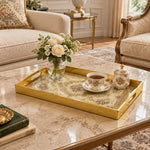 Ramadan & Eid al-Fitr Plastic Serving Tray – Golden Rose Damask plastic serving tray shown in a rectangular styled scene.