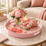 Valentine's Day Plastic Serving Tray – Coral Watercolor Bloom plastic serving tray shown in a round styled scene.