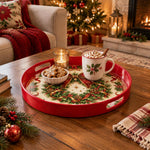Christmas Decorative Serving Tray – Ribbon Holly Wreath plastic serving tray shown in a round styled scene.