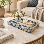 Daily Decorative Plastic Serving Tray – Indigo Brush Chevron full-print plastic serving tray shown in a styled room scene.