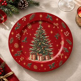 Christmas Decorative Charger Plate – Holly Pinecone Tree full-print plastic serving tray shown in a product view.