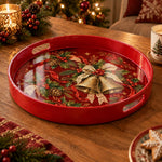 Christmas Decorative Serving Tray – Golden Bell Duo plastic serving tray shown in a round product view.