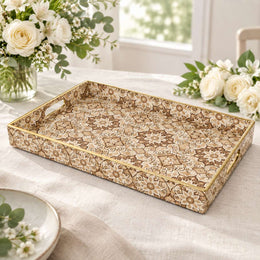 Ramadan Decorative Plastic Serving Tray – Sepia Ogee Floral Grid full-print plastic serving tray shown in a product view.