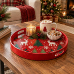 Christmas Decorative Serving Tray – Knit Reindeer Grove plastic serving tray shown in a round styled scene.