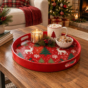 Christmas Decorative Serving Tray – Knit Reindeer Grove plastic serving tray shown in a round styled scene.