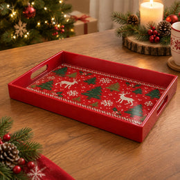Christmas Decorative Serving Tray – Knit Reindeer Grove plastic serving tray shown in a rectangular product view.