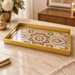 Ramadan & Eid al-Fitr Plastic Serving Tray – Walnut Scroll Medallion plastic serving tray shown in a rectangular product view.