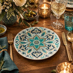 Ramadan Decorative Charger Plate – Eight Point Arabesque Medallion full-print plastic serving tray shown in a styled room scene.