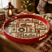 Red Christmas Patchwork Tray with Vintage Truck, Sleigh and Snowman - MintiHome