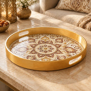 Ramadan & Eid al-Fitr Plastic Serving Tray – Walnut Scroll Medallion plastic serving tray shown in a round product view.