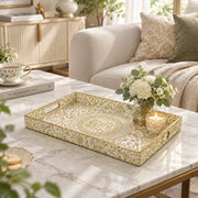 Ramadan Decorative Plastic Serving Tray – Ivory Damask Calligraphy full-print plastic serving tray shown in a styled room scene.