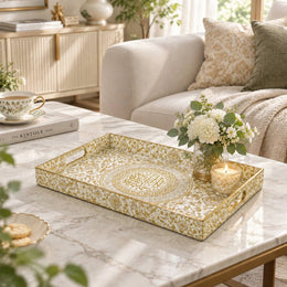 Ramadan Decorative Plastic Serving Tray – Ivory Damask Calligraphy - MintiHome