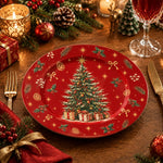 Christmas Decorative Charger Plate – Holly Pinecone Tree full-print plastic serving tray shown in a styled room scene.