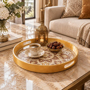 Ramadan & Eid al-Fitr Plastic Serving Tray – Walnut Scroll Medallion plastic serving tray shown in a round styled scene.