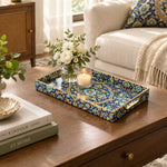 Ramadan Decorative Plastic Serving Tray – Ogee Rosette Medallion full-print plastic serving tray shown in a styled room scene.