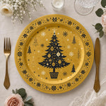Navy Gold Christmas Charger Plate with Tree and Folk Art Snowflakes - MintiHome